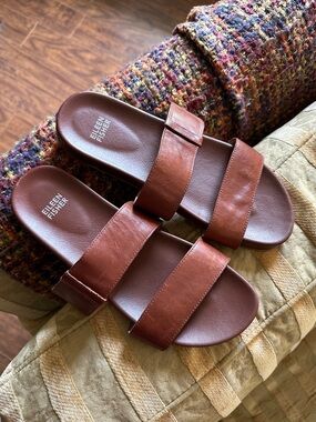 EILEEN FISHER Chestnut Brown Leather Double-Strap Slides